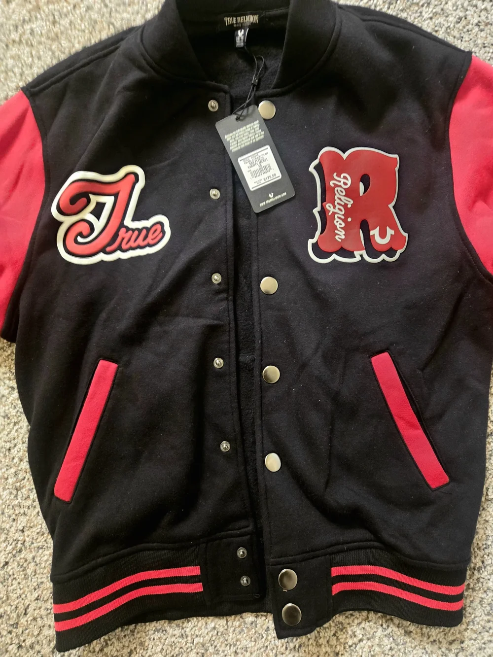 True Religion Black and Red Mens Letterman Jacket